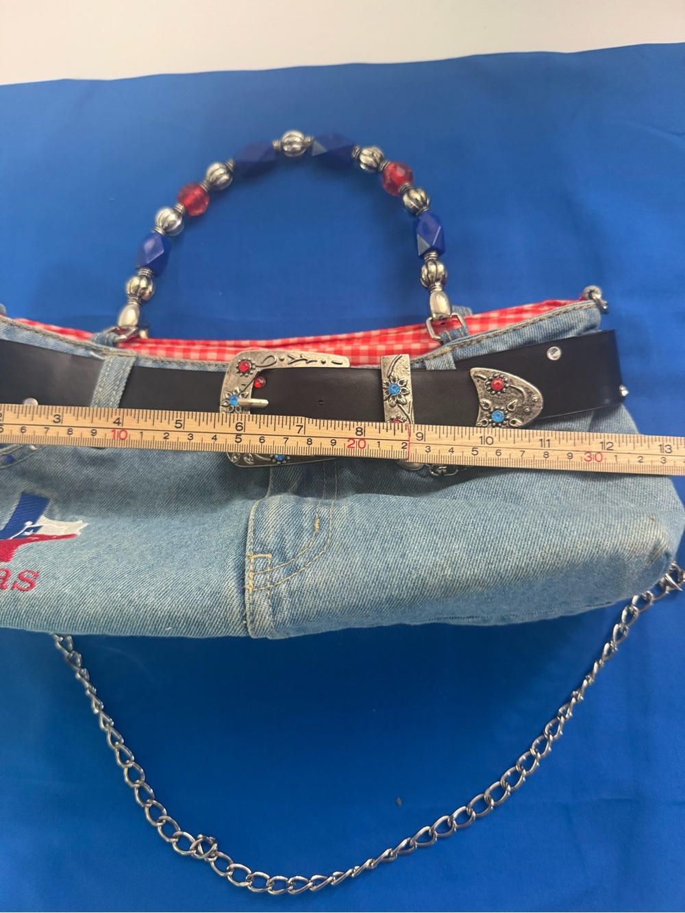 ABJ Jeans Texas Denim Western Shoulder Bag | Beaded Handle | Chain Strap | Embro - Picture 8 of 9
